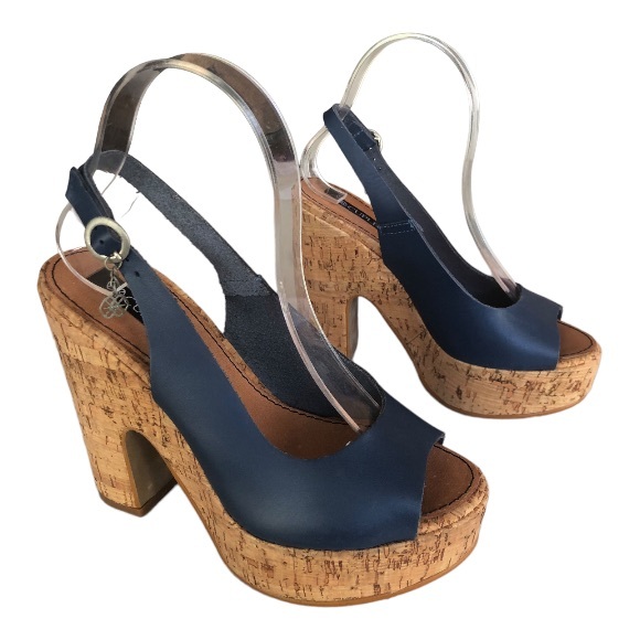 Cuple Shoes - Cuple Navy Blue Sexy Slingback Peeptoe on Cork Made in Spain